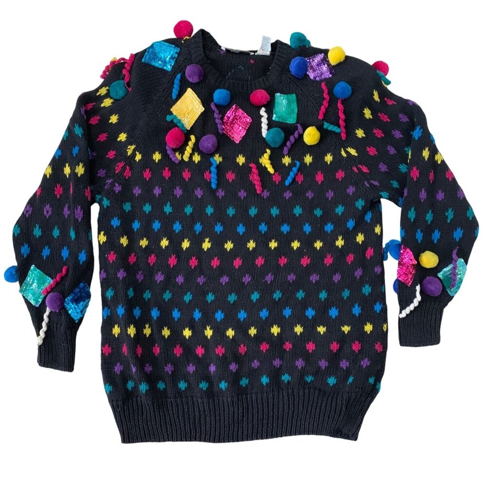 VTG The Bonnie Boerer Company Colorful Pom Pom Confetti Christmas Sweater SZ L